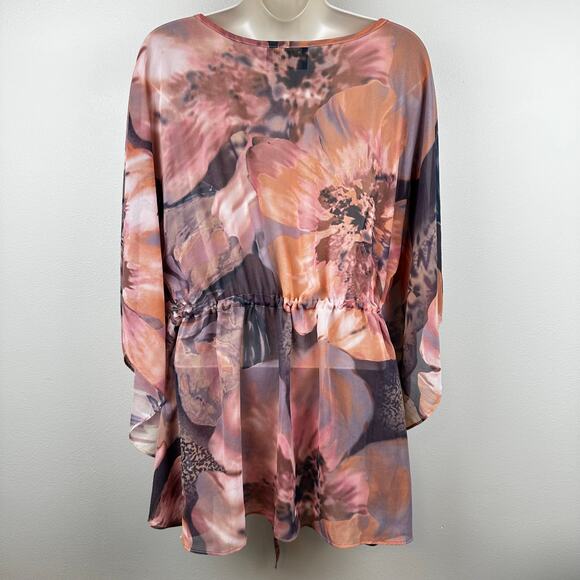 Bob Mackie Wearable Art Tie Front Kimono Semi Sheer Floral Purple Orange Large - Picture 5 of 10